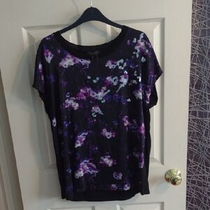 Donna Karan Black Short-Sleeve Top with Purple Floral Print